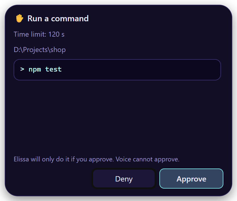 Approval card for running a command, showing the folder and the command