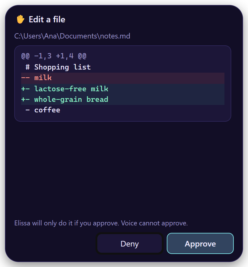 Approval card for editing a file, showing the diff