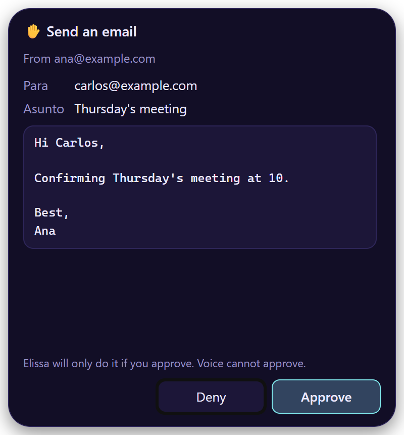 Approval card for sending an email, showing recipient, subject and body